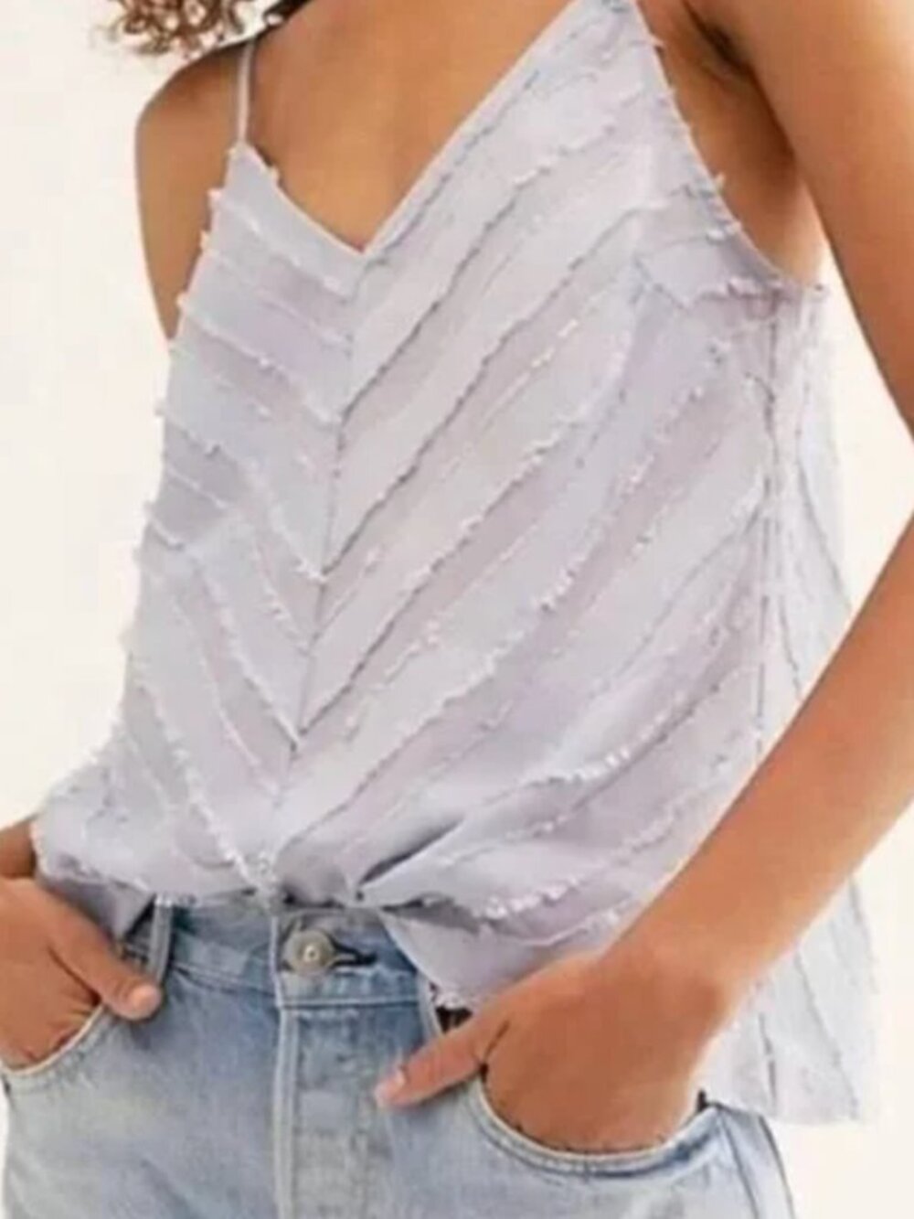 Intimately Free People Chevron Fringe Spaghetti Tank, Light Blue, Size Small